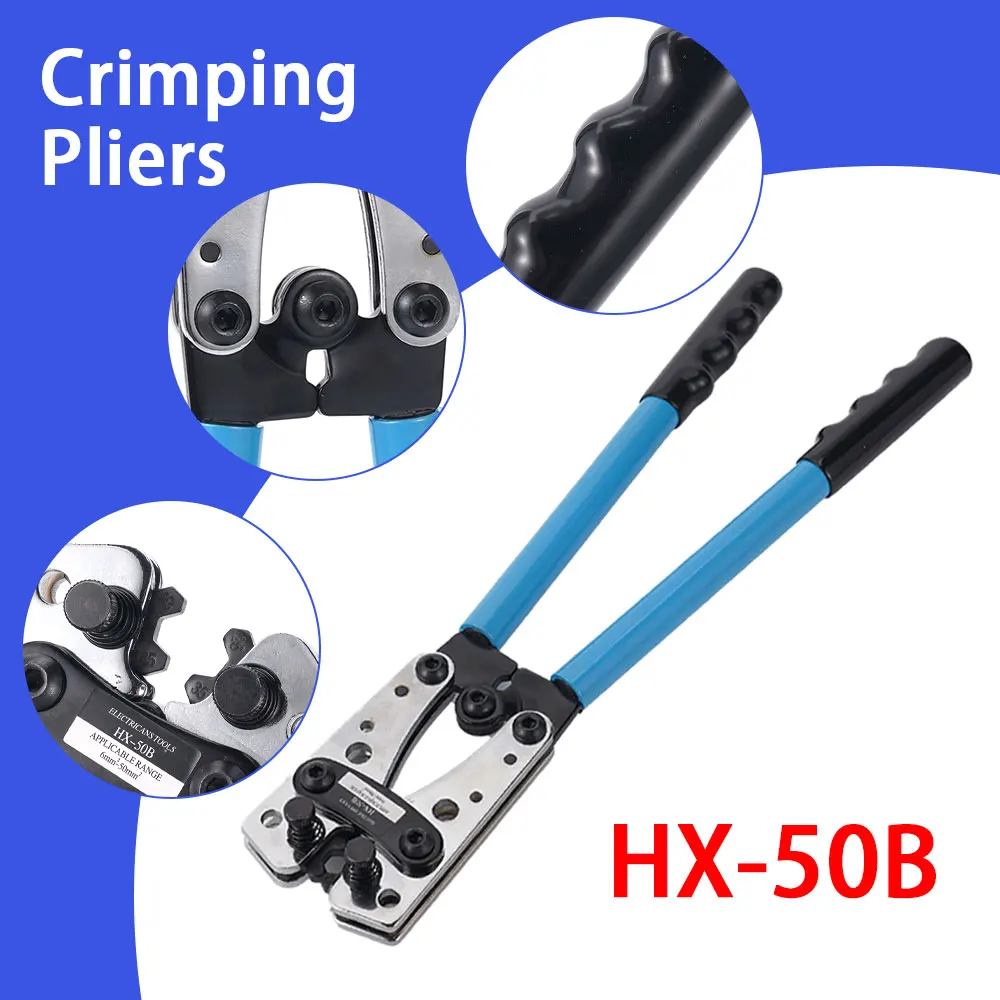 

HX-50B обжимные клещи 6-50 мм AWG 1-10 Cat, автоматическое медное кольцо, клеммы для аккумулятора голого кабеля, инструмент для обжима наконечников, клещи для кабельных клемм