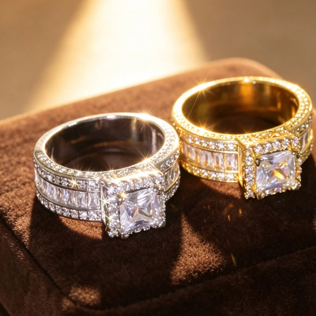 2 Pieces/Set Shiny Synthetic Zirconia Ring Couple Ring Men's and Women's Wedding Engagement Ring Commitment Ring Exquisite Elegance Suitable for Party Wear Holiday Gifts