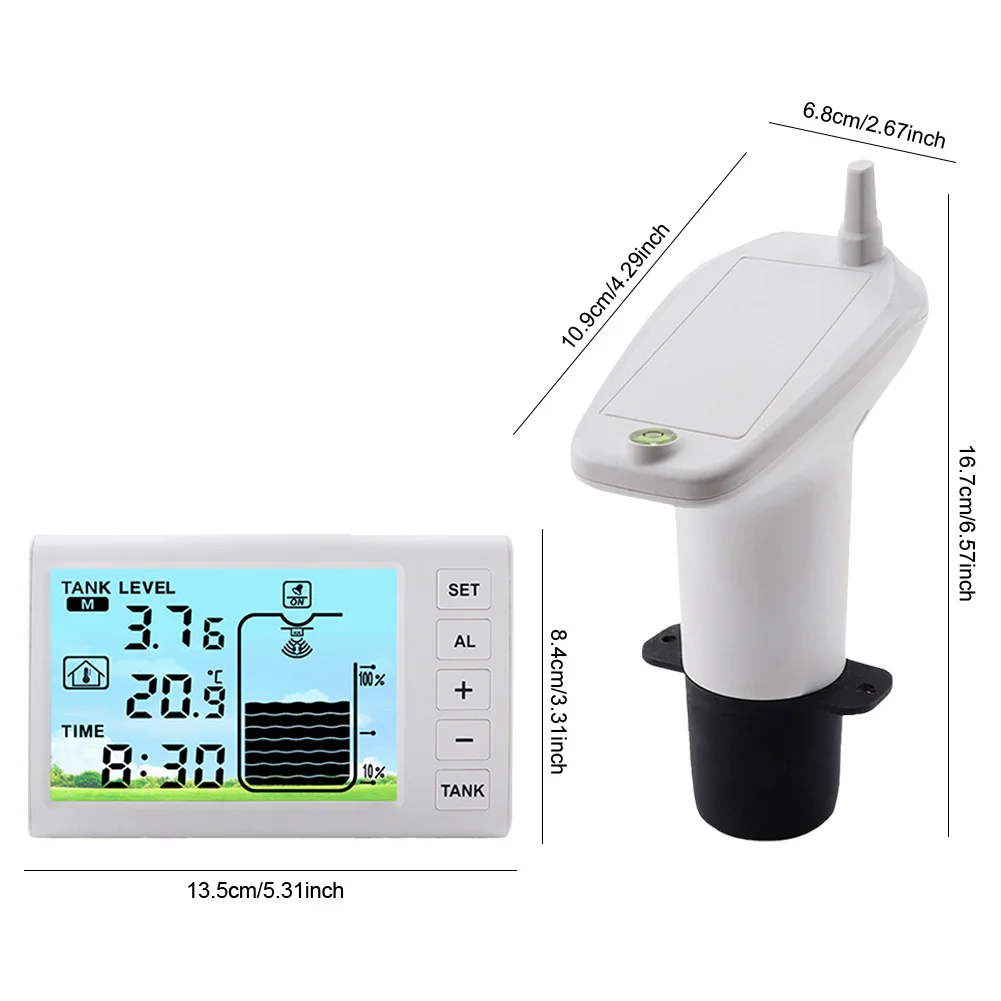무선 초음파 수위 표시기, 온도 센서 포함, 시간 표시, 초음파 탱크 액체 깊이 레벨 계량기