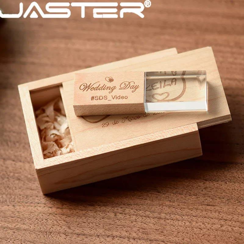 Imagem -04 - Lot Cristal Usb Flash Drive 128gb Caixa de Madeira Pen Drive 64gb Livre Logotipo Personalizado Memoria Stick 32gb Fotografia Presentes de Casamento 50 Pcs