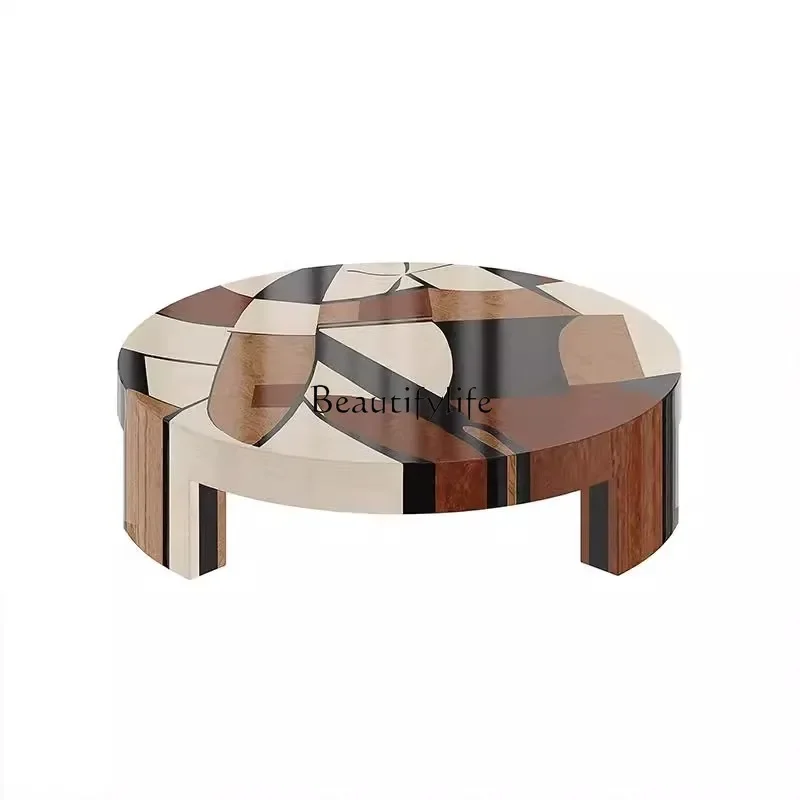 

LJY*Round coffee table antique designer home modern light luxury natural veneer parquet round table