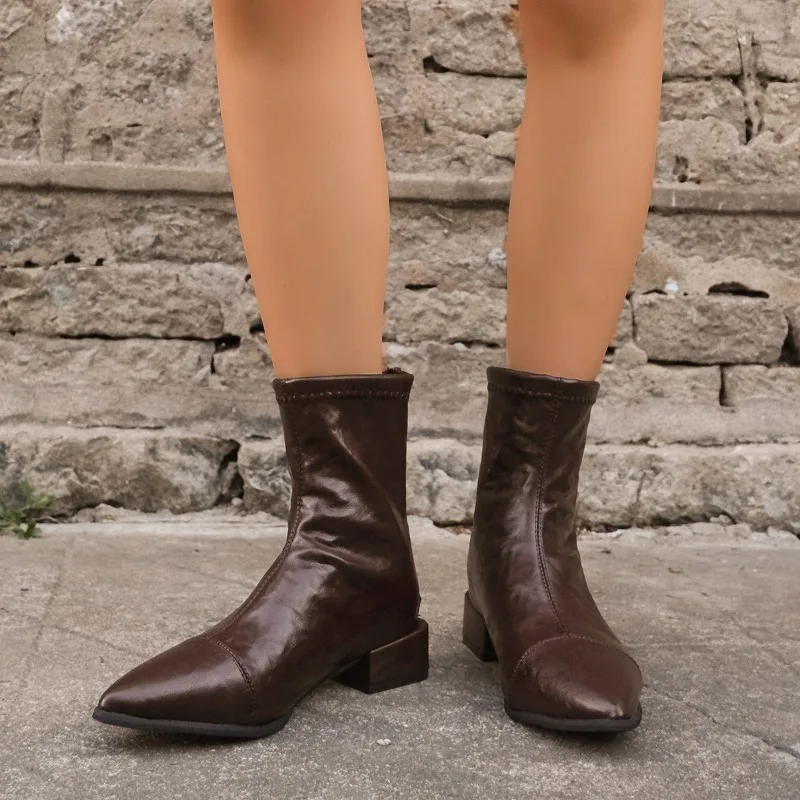 

Узкие ботильоны на блочном каблуке в стиле ретро, модные нескользящие износостойкие кожаные туфли на молнии с острым носком и мягкой подошвой