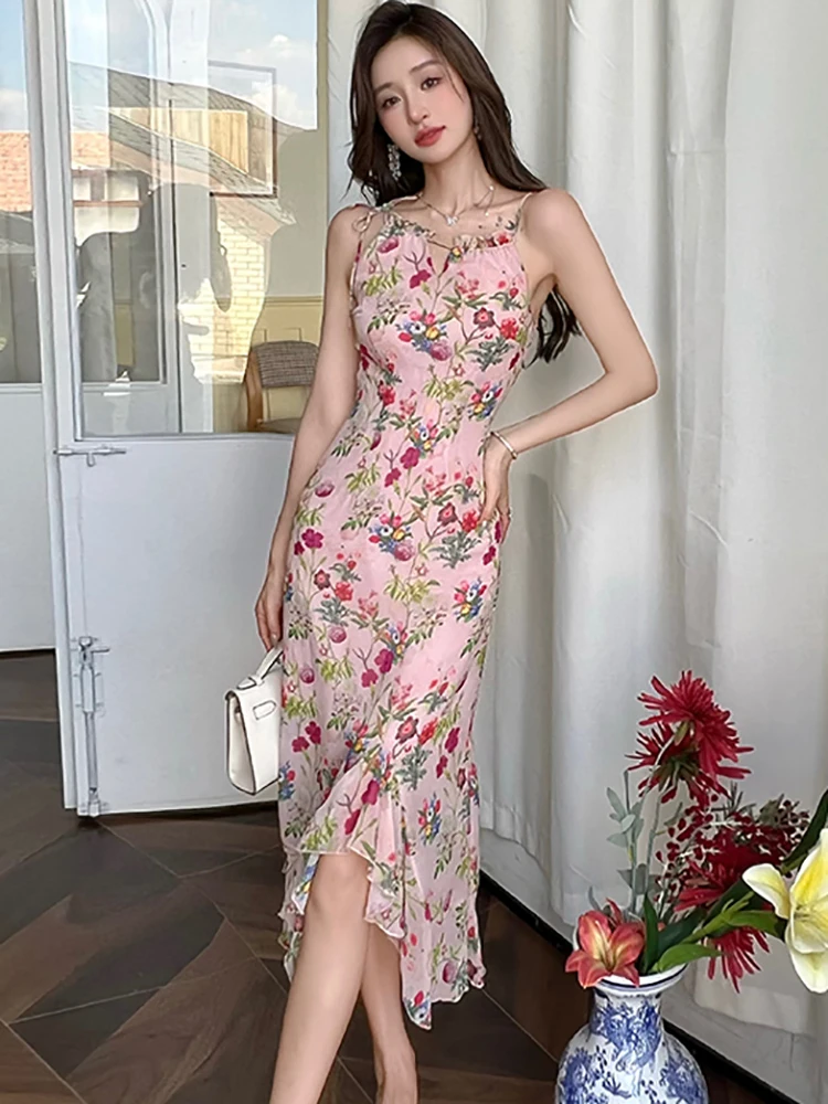 2025 pint Floral Chic à volants fronde Sexy longue robe femmes élégant décontracté plage Style robe été coréen moulante une pièce robe