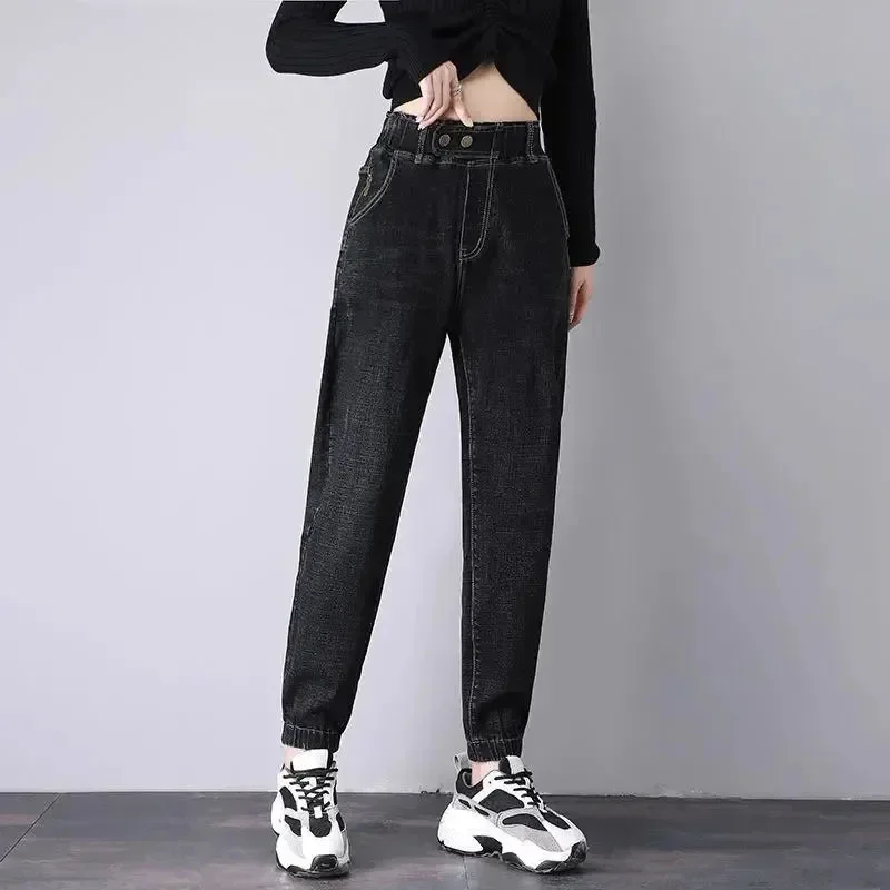 Elastic Waist Korean Version Retro Women'S High Waisted Spring New Korean Version Slimming Leggings Harlan Pants Elastic Jeans