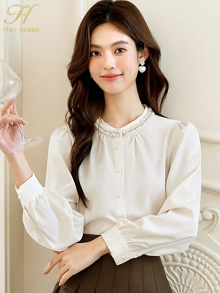 

H Han Queen Autumn Women's Clothing Simple Satin Beaded Office Chiffon Shirts Long Sleeve Tops Casual Korean Loose Blouses Women