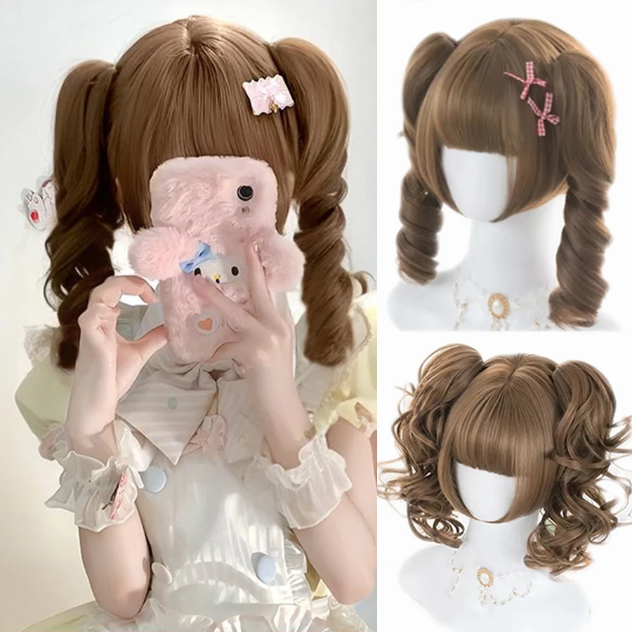 

Synthetic Short Lolita Cosplay Christmas Halloween Bob Wig Wave Female Wig with Ponytail Natural Fake Hair for Women