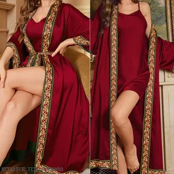 Wedding Bride Robe Dressing Gown Sexy Burgundy Bathrobe Nightgown Spring Summer New 2Pcs Sleepwear Set Satin Homewear Loungewear