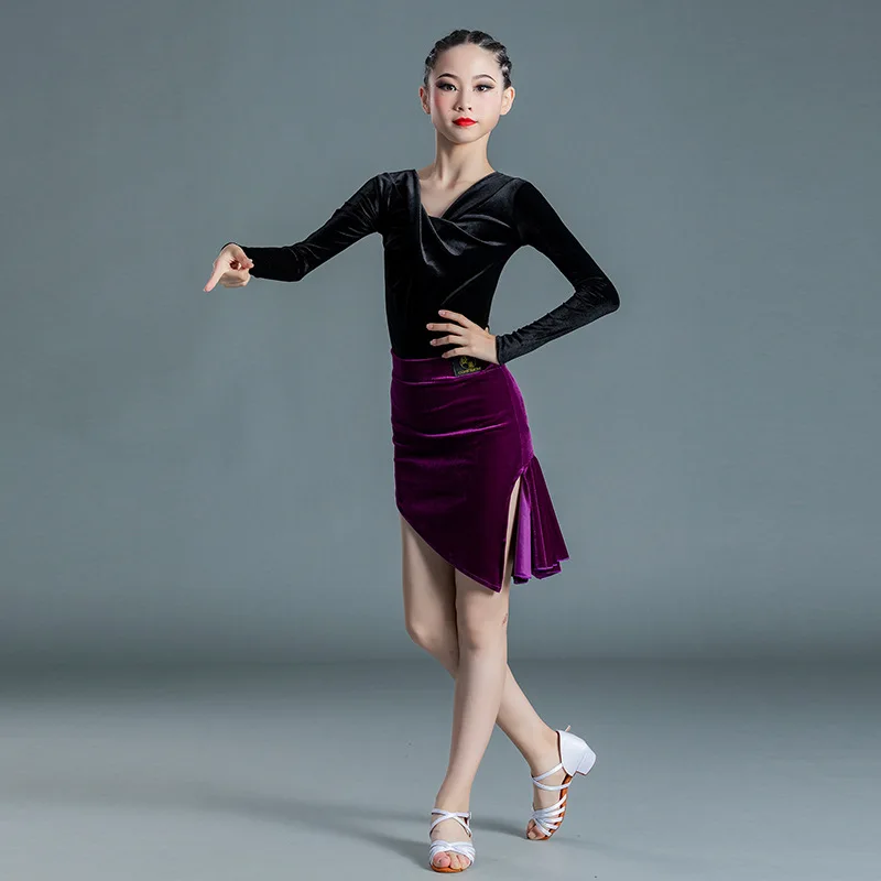 1 Set/partij Kinderen Herfst Winter Fluwelen Latin Cha Cha Dansen Kostuums Meisje Tango Latin Dansend Leotard En Rok