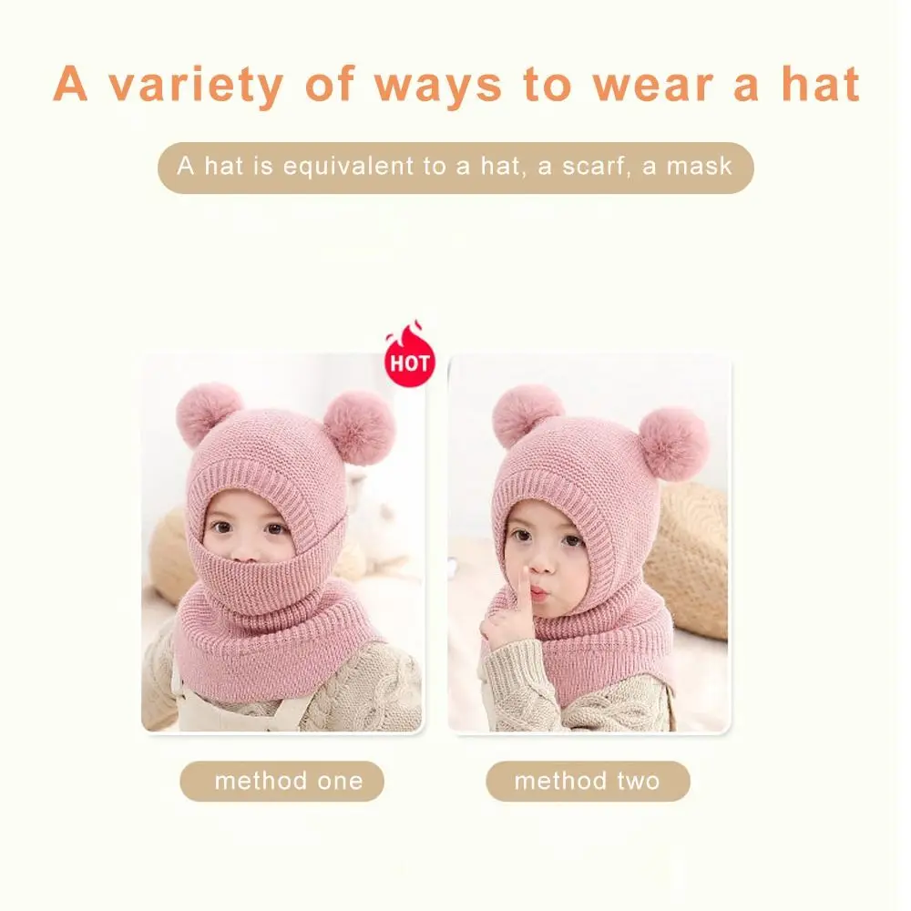 Autumn and Winter Baby Knitted Hat Warm Hats Two Ball Ear Protection Caps Breathable Windproof Head Full Face Neck Cover