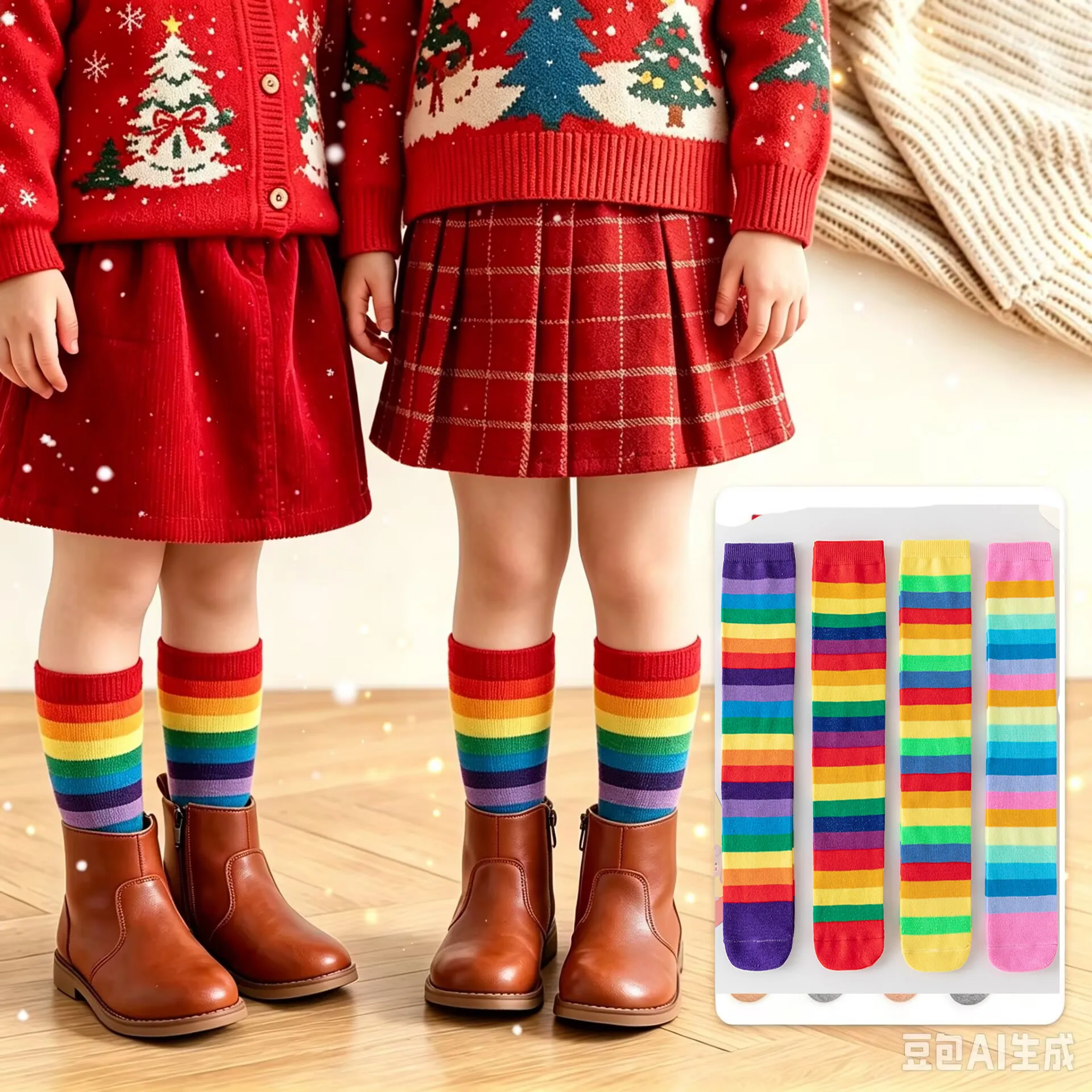 Christmas Party Tube Socks Cute Rainbow Stripe Children Knee High Socks For Daily Breathable Girls Boys Casual Sport Long