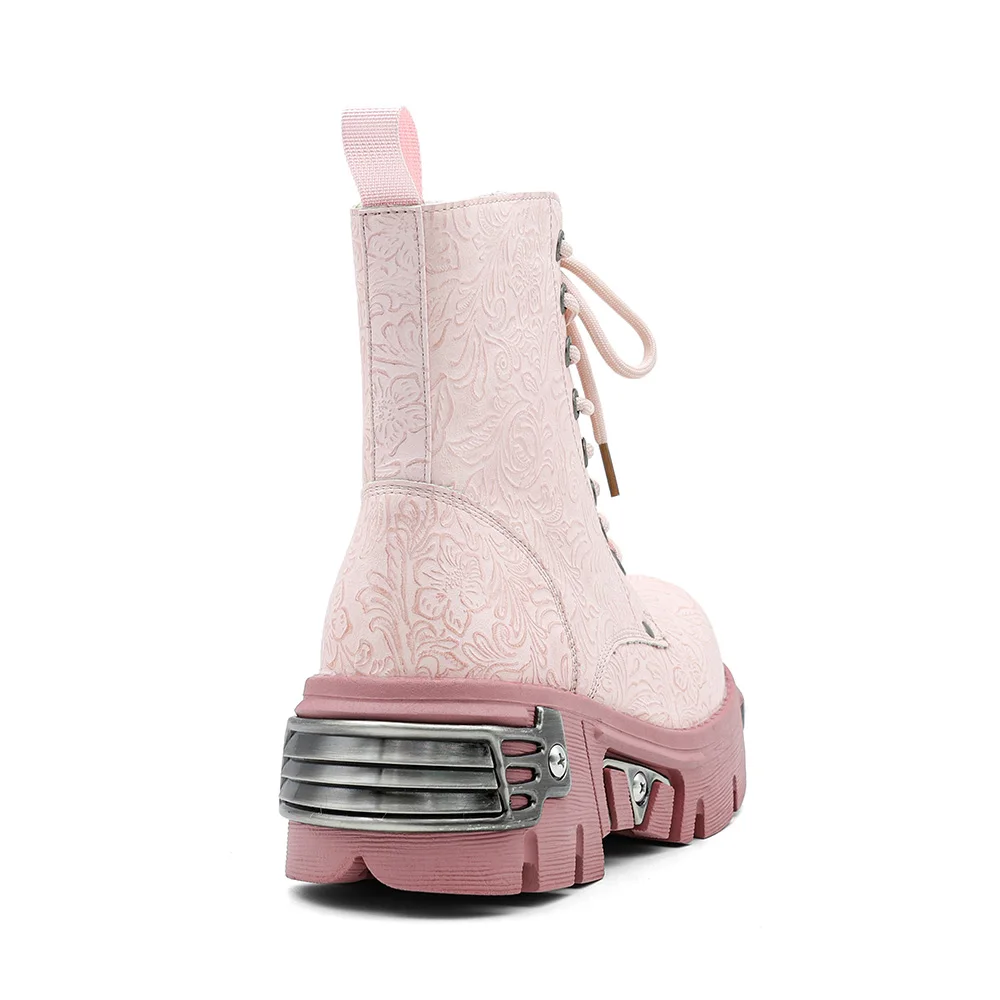 New Punk Women's Platform Ankle Boots Female's Rock Round Toe Lace Up Woman Fashion Retro Chunky Shoes Metal Decor Short Boots view 4