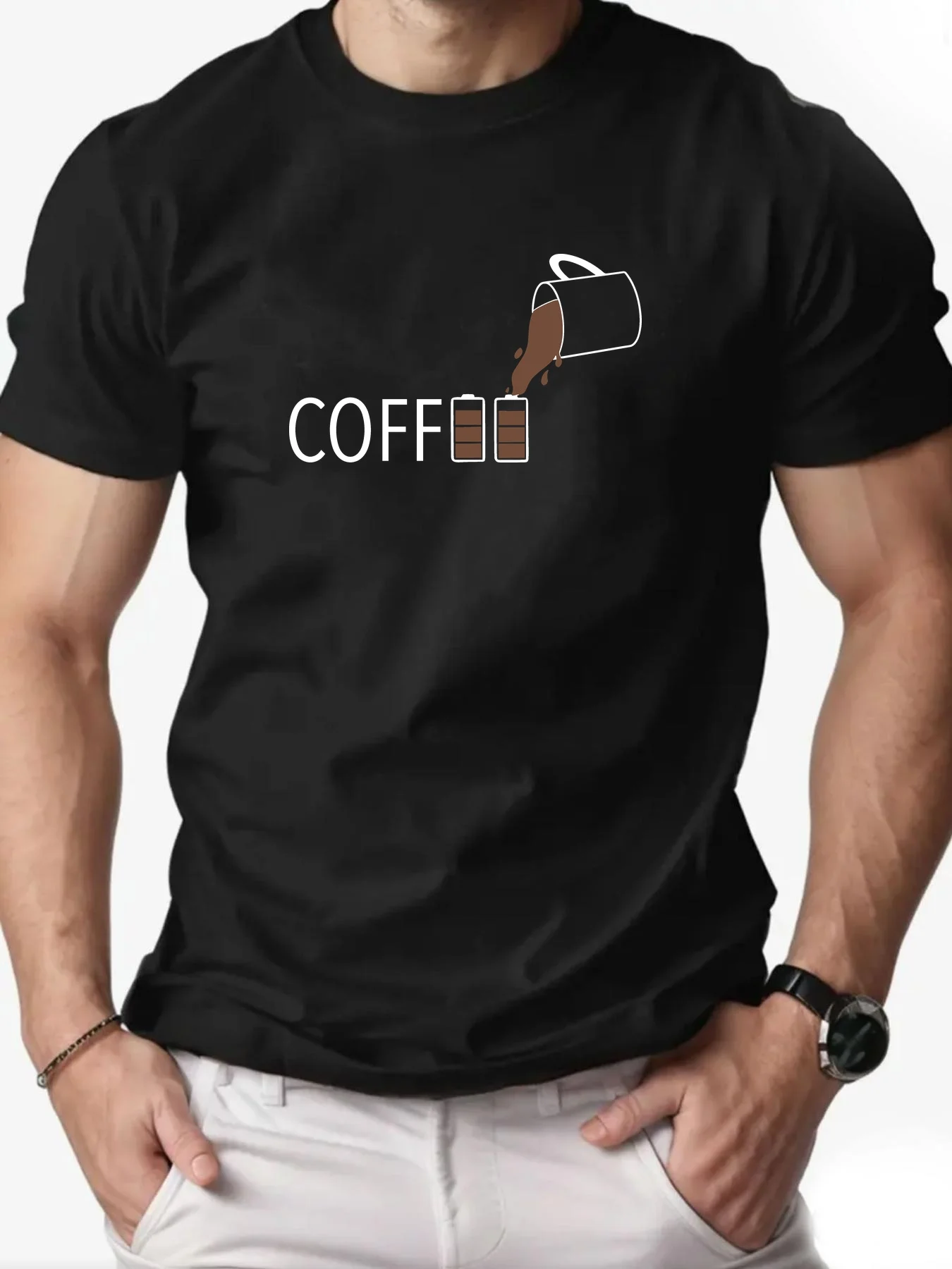 Men's Coffee Battery Charging T-Shirt Funny Graphic Print Short Sleeve Cotton Casual O-Neck Tee for Coffee Lovers Tops