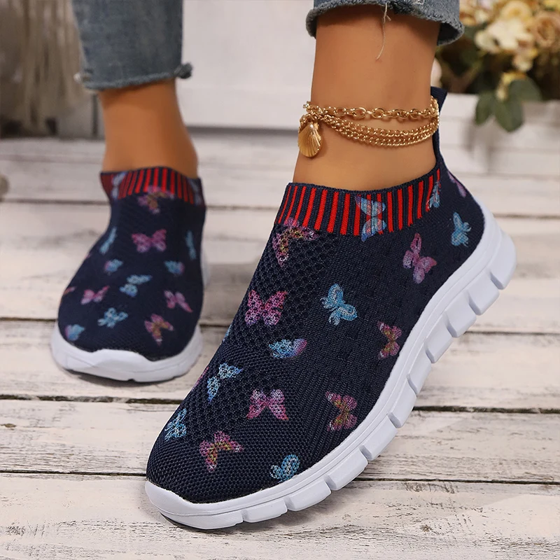 Mocasines de malla con lazo para Mujer, zapatillas de tenis con estampado de mariposas, deportivas, calzado plano para correr, Zapatos cómodos para caminar, otoño