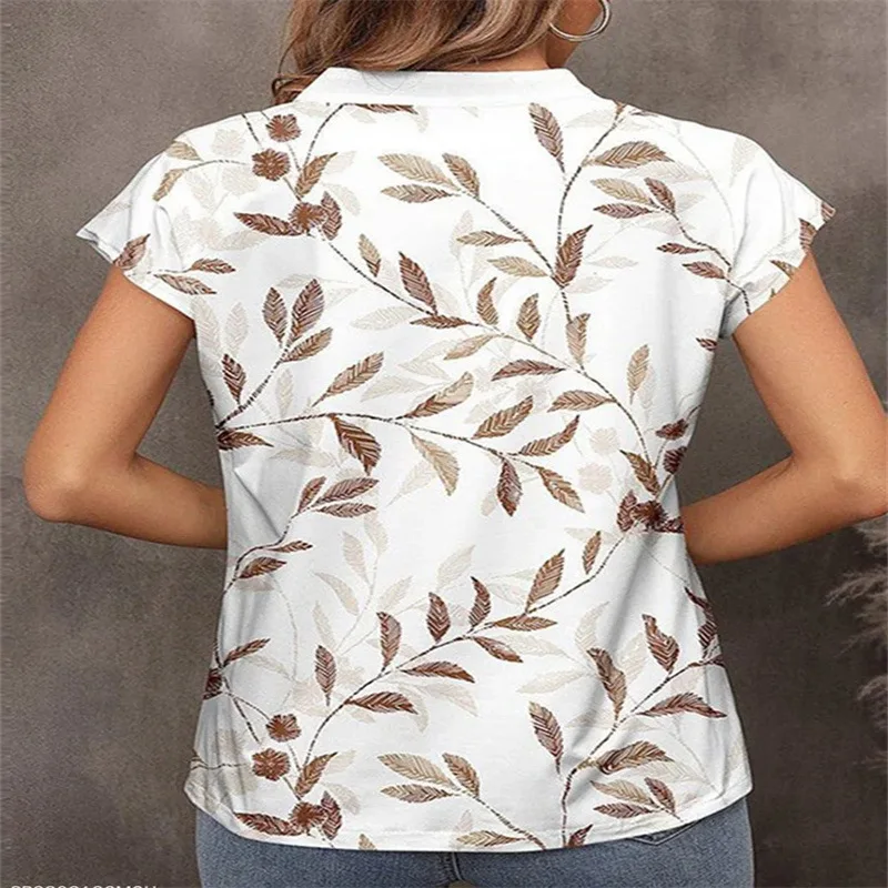 Faionable Summer Print V-Ne Ort Sve T-shirt da donna vestibilità ampia pianta fantasia floreale top trendy 2023 transfrontaliero