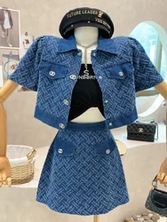 2024 Summer New Street Fashion Women's Suit With Skirt Denim Short Sleeve Top Sweet Girl Female Blue Plaid Skirt 2 Piece Set