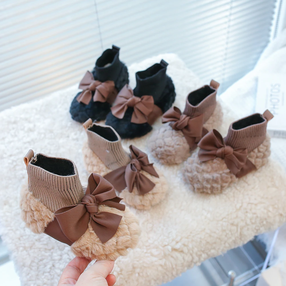 Winter Toddler Girl's Sock Boots Stretchy Knit Plush Warm Children Shoes Bowtie Adorable Anti-skid Light Slip-on Kids Booties