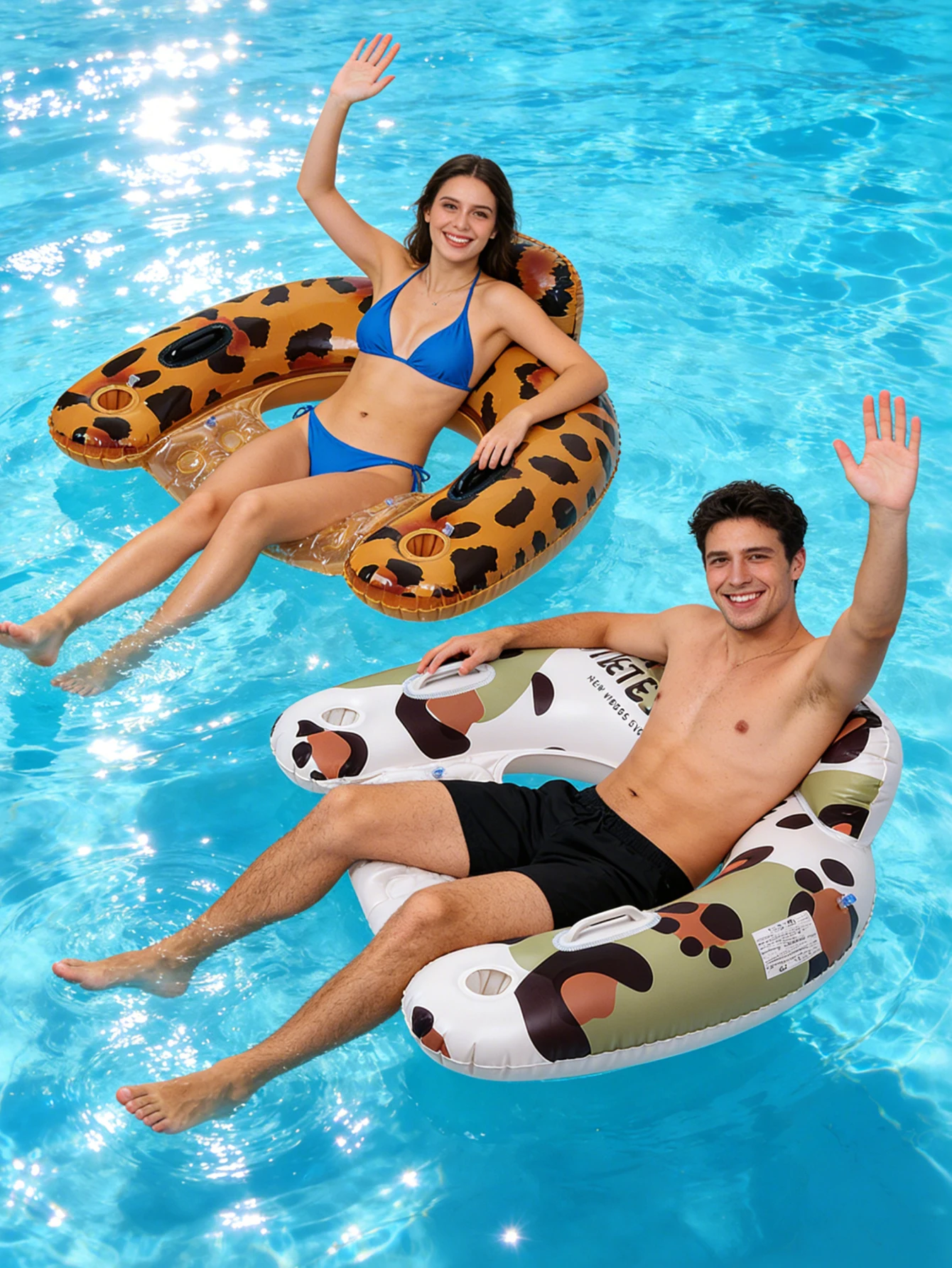 1PC Inflatable pool lounger, featuring two cup holders and handles, ideal for use at the beach, lakes and swimming pools