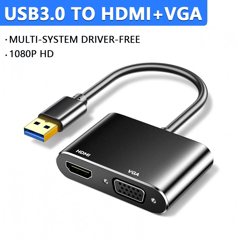 Multiport Dual Output Display Gold Color Connector USB 3.0 to HDMI VGA 1080P Converter for Computer to Monitor