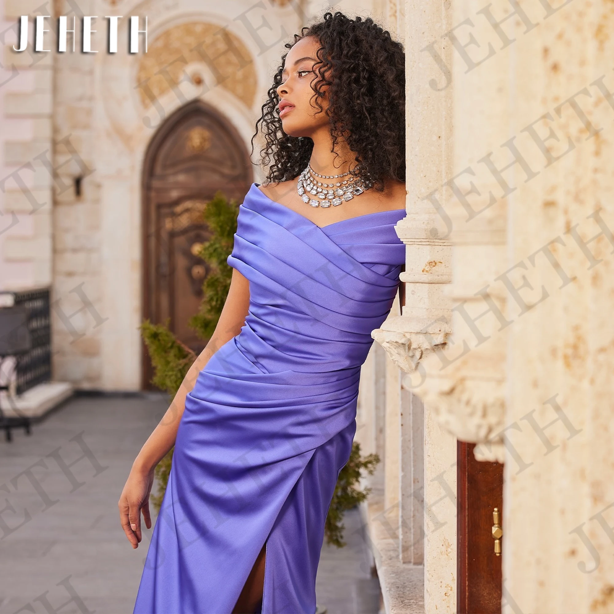 JEHETH-Vestidos de noche simples para mujer vestido Formal de graduación con hombros descubiertos vestido de fiesta con abertura de sirena vestido de noche de satén personalizado Vestidos de noche simples vestidos de b