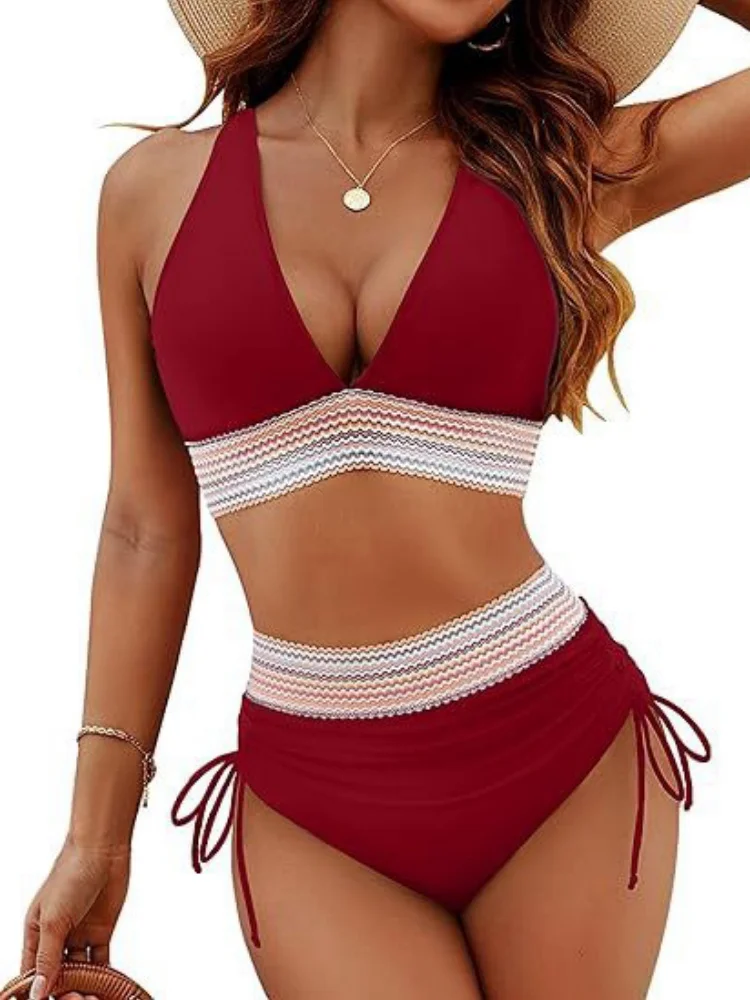 Bikini Women Swimsuit 2025 New Solid Bikinis Set Sexy High Waist V Neck Swimwear Summer Two Piece Set Beach Bathing Suit Female