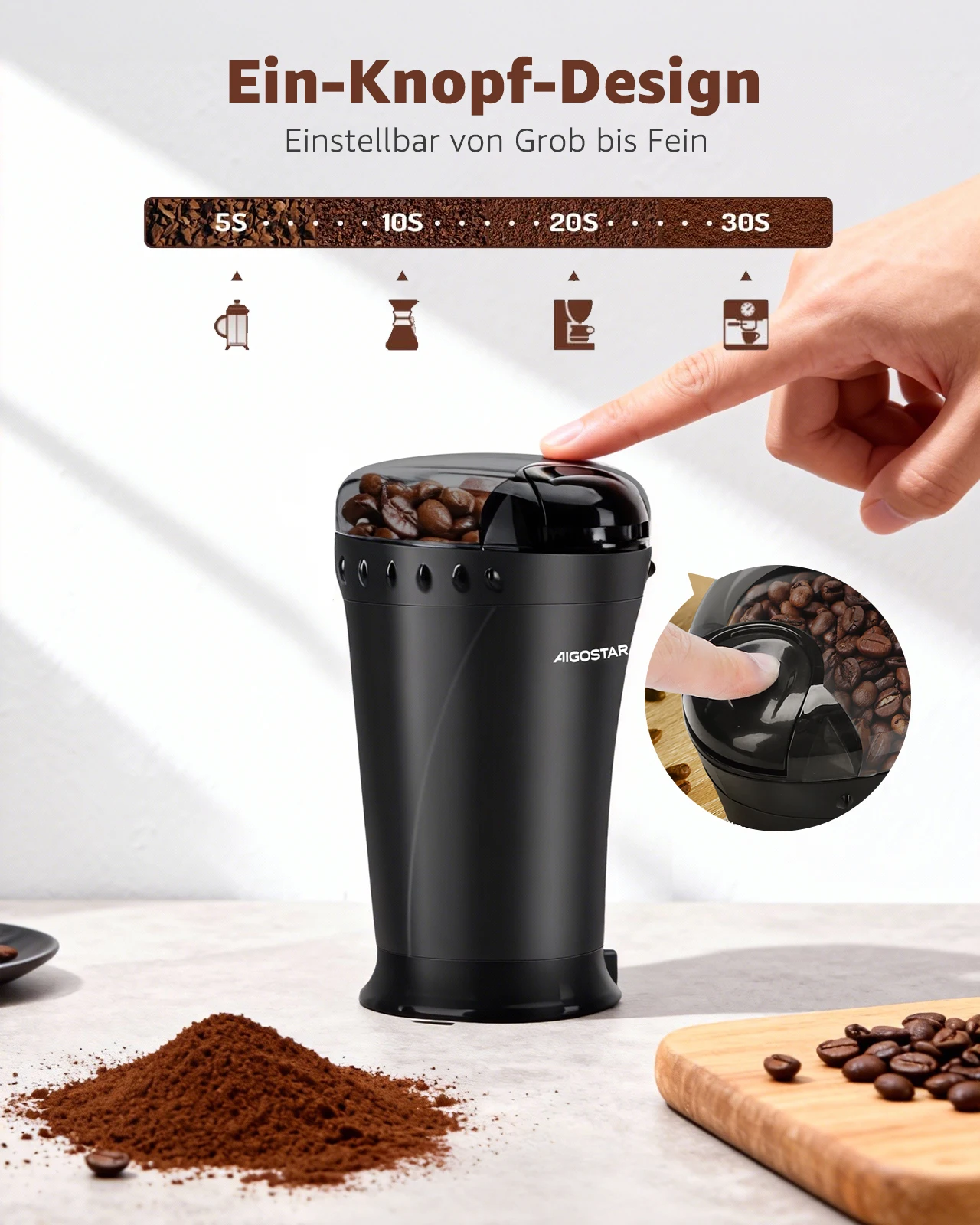 Aigostar Kaffeemühle Elektrisch Gewürzmühle Kaffee Mühle für Kaffeebohnen, Getreide, Gewürze und Nüsse, Edelstahl Schlagmesser, 60g Bohnenbehälter, Elektrische Propellermühlen,150 Watt, Schwarz – Bild 5