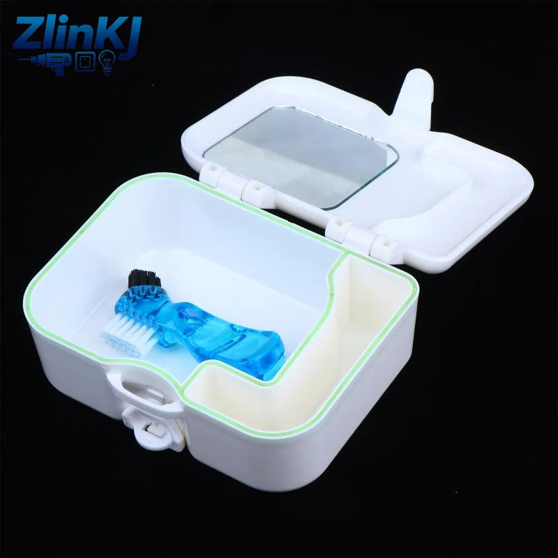 Denture Holder Storage Box Kit Sturdy Leak-Proof with Mirror Cleaning Brush for Daily Dental Care Travel