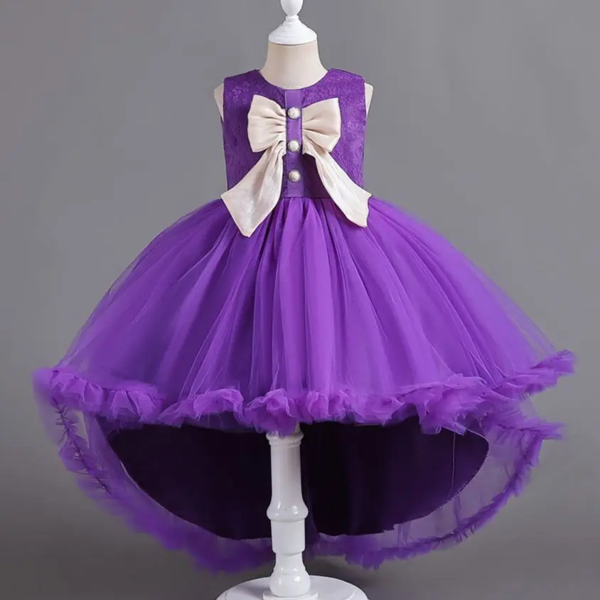 

New Halloween Purple Dress for Girls Children Elegant Evening Party Wedding Costume Kid Tailing Big Bow Mesh Party Clothes 4-12Y