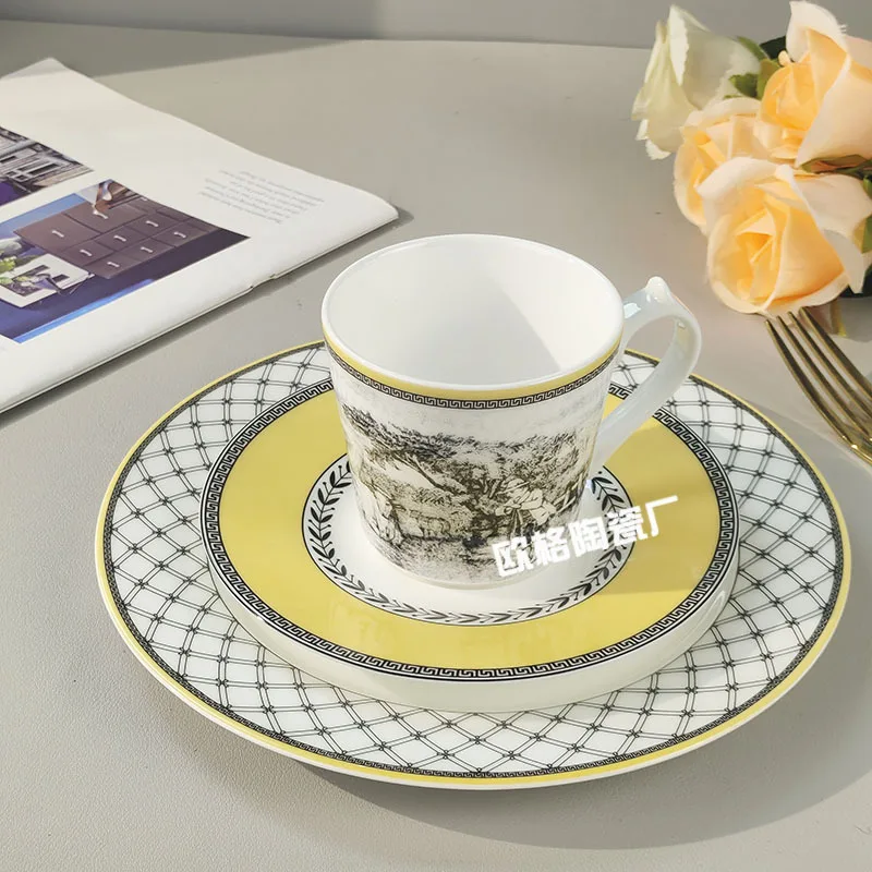 

Home Western Style Three Piece Set Steak Plate Coffee Cup And Saucer Premium Ceramic Tableware Elegant For Daily Dining Meals