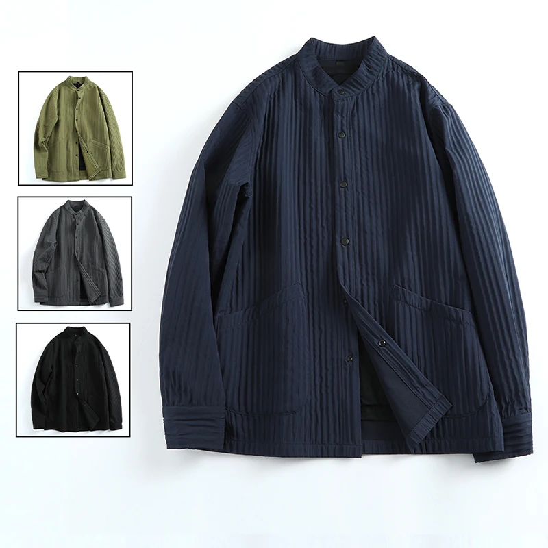 

Unisex, Stand Collar Large Pocket Shirt, Pleated Design Casual Solid Color Shirt Coat, Folding Fan Fabric，Oversized