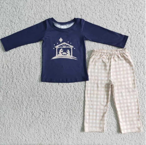 

Wholesale Infant Toddler Kids Boys Dark Blue Long Sleeve Jesus Top Plaid Trousers