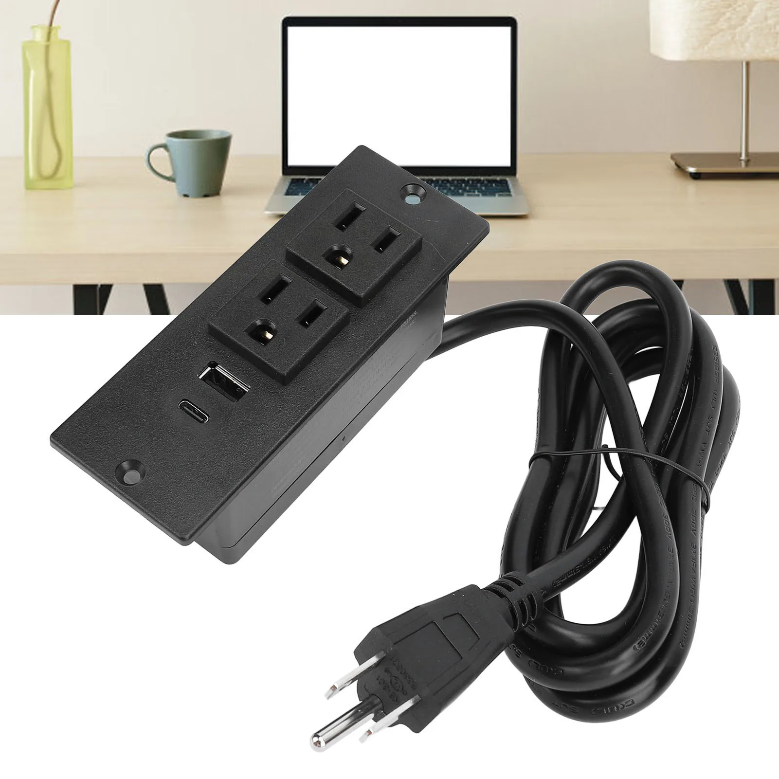 Conference Recessed Power Strip Table Socket Furniture Outlet PD 20W Fast Charging 2 USB Ports 1.5m Cord US Plug