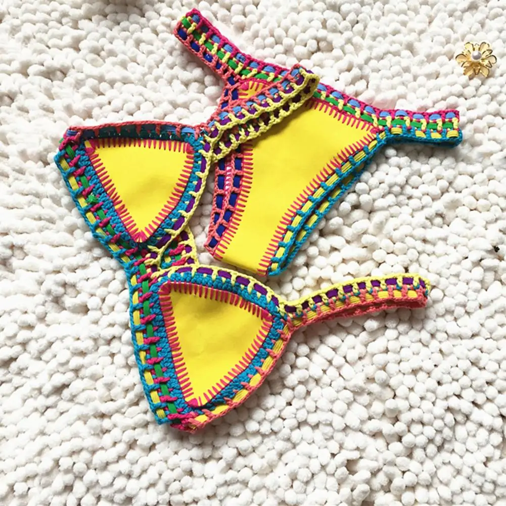 Bikini de ganchillo de punto para mujer, conjunto de Tanga sin relleno, Copa triangular, Micro traje de baño de Color brillante, traje de baño Sexy sin espalda