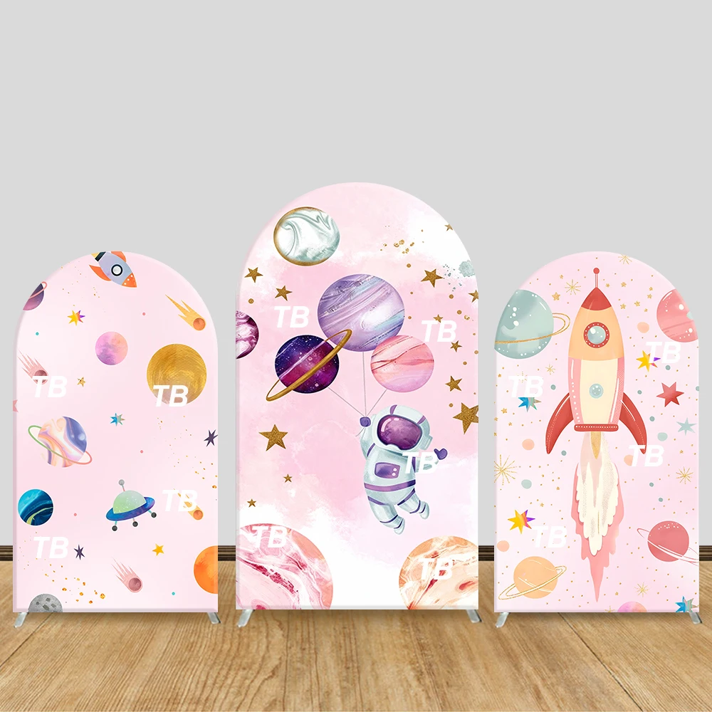 

Розовый космический астронавт, арка, фон, чехол, планета, воздушный шар, ракета, детский декор для вечеринки, принадлежности для фотобудки