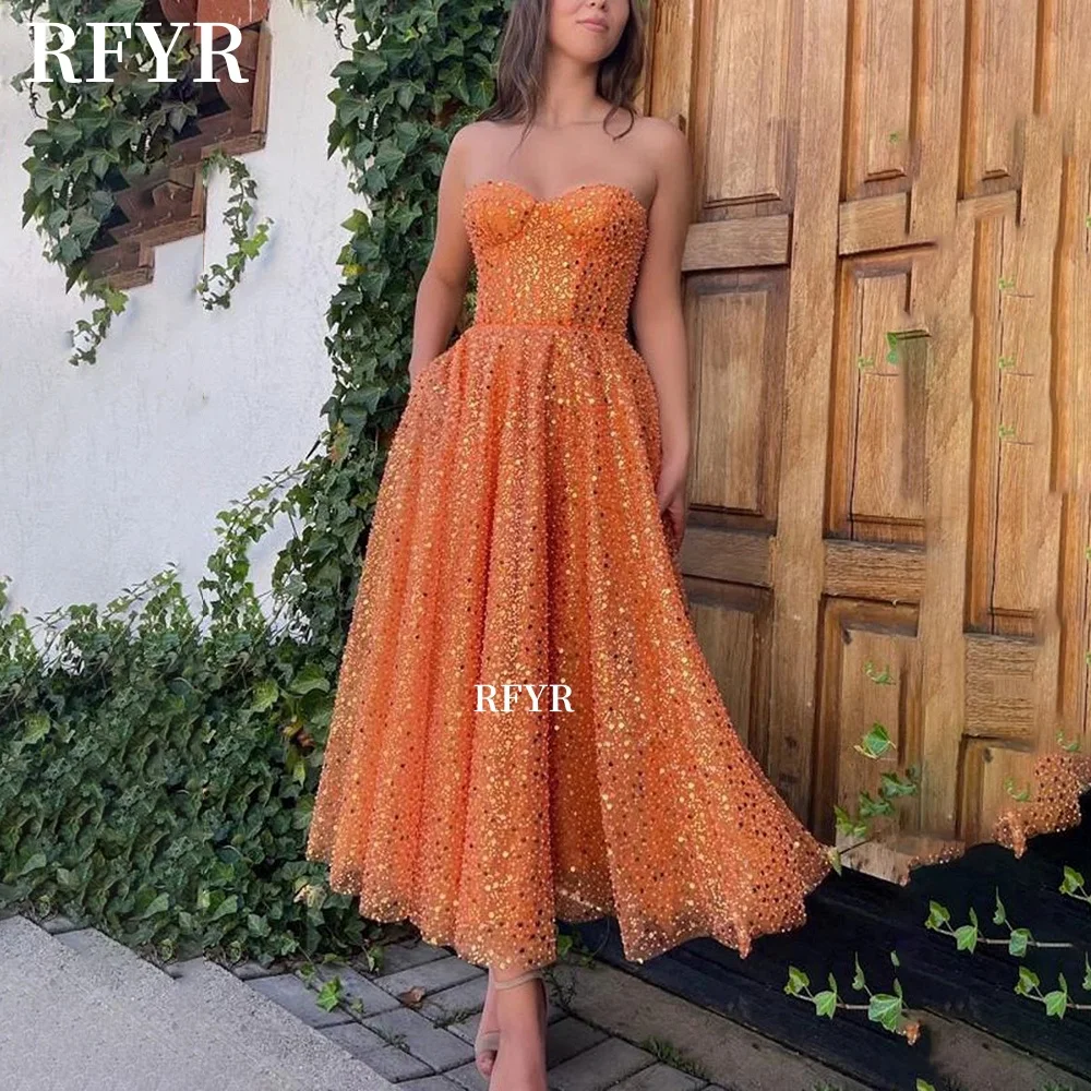 

RFYR Shiny Prom Dress Tea Length Princess Dress Glitte Beading Sequined Party Dress for Women vestidos de fiesta Customized