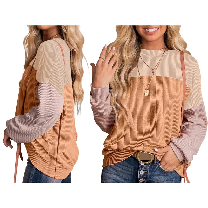 

Женские модные цветные блоки с длинным рукавом и круглым вырезом, вязаные повседневные свободные пуловеры, рубашки, топы
