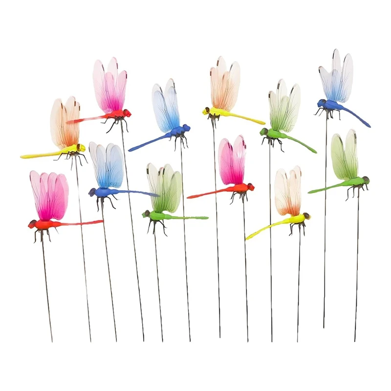 

12PCS Dragonfly Stakes On Sticks Artificial Dragonfly Patio Garden Decor Yard Planter Colorful Dragonfly Ornaments