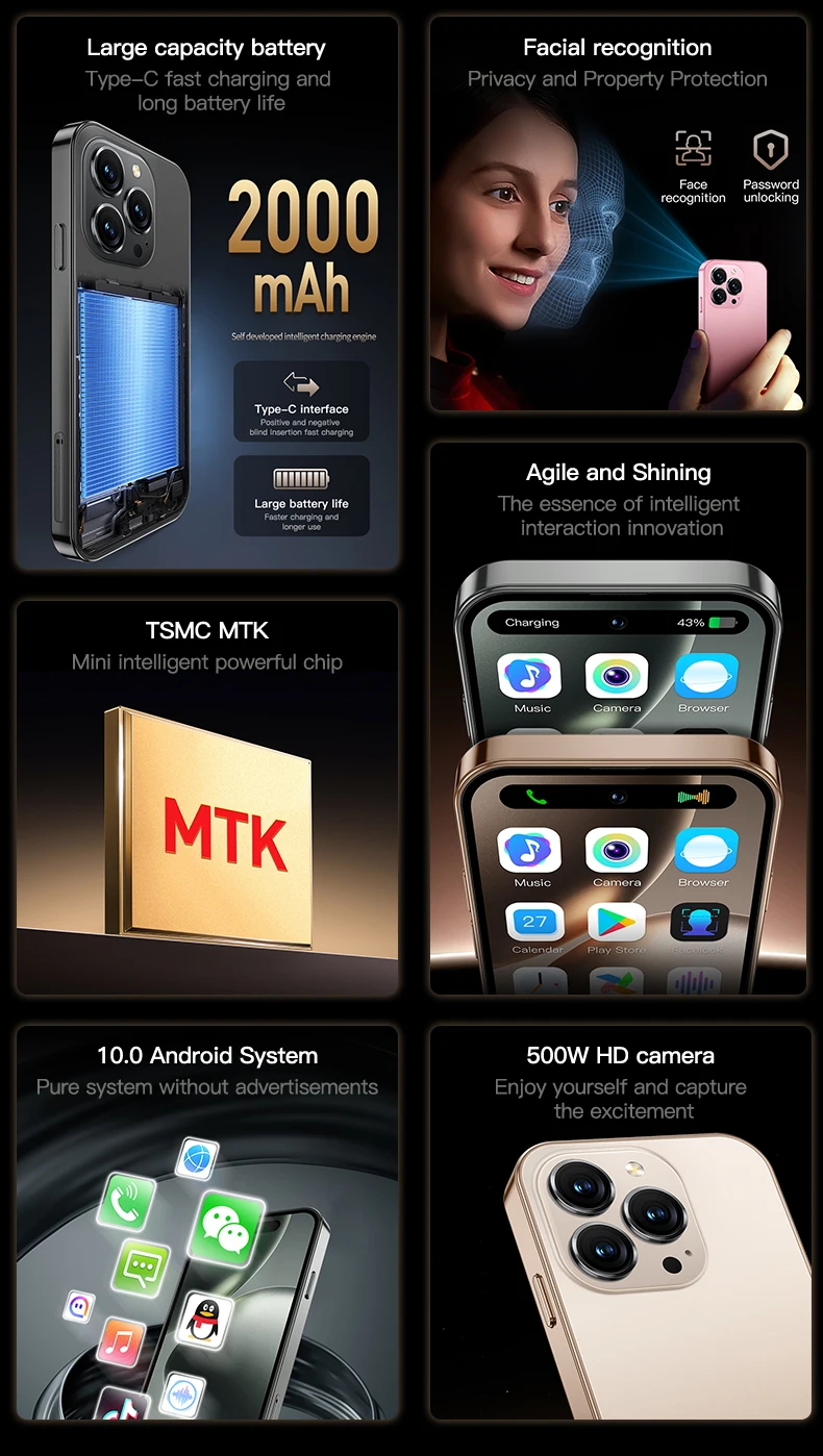 ONEMYTH Soyes M16 Pro 4.0 "Mini Smartphone -2000mAh Battery, 2GB+16GB, Dual SIM Cards, Facial Recognition Small Phone