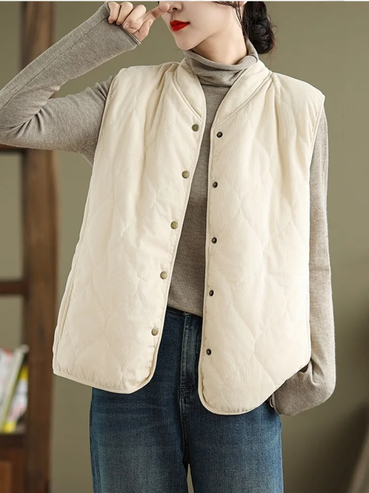 Women's Corduroy Vest Autumn Winter Thickened Warm Flocking Stand Collar Jacket Outerwear Coat Cotton down Backless Vest
