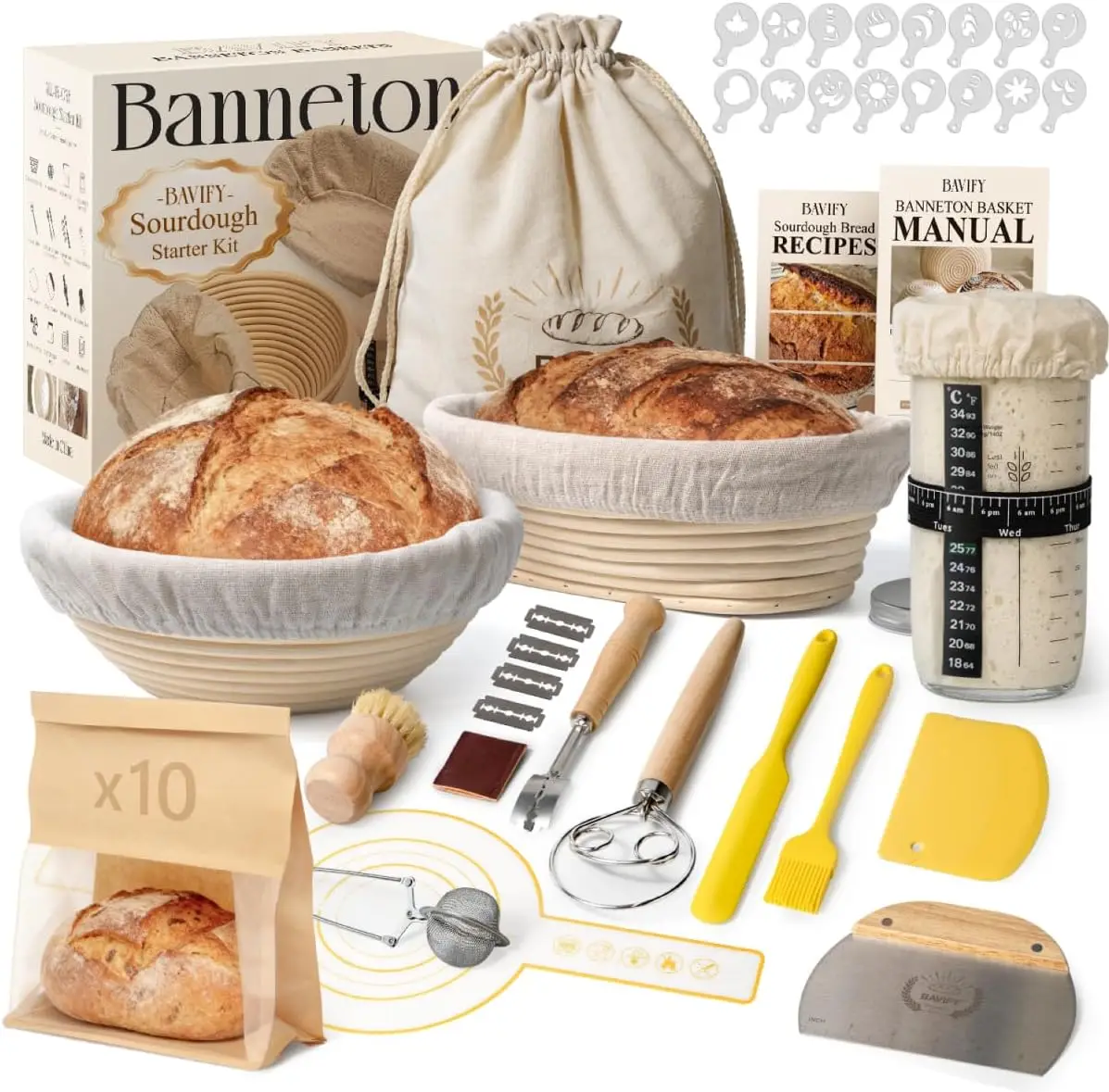 

Complete Sourdough Baking Kit with 9" Round & 10" Oval Proofing Baskets, Glass Jar, and Essential Bread Making Tools