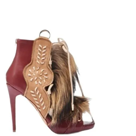Women's Leather Fur-Trimmed Ankle Boots Tribal Embroidered Panel with Lace-Up Detail for Boho Festival Ethnic Fashion Statements