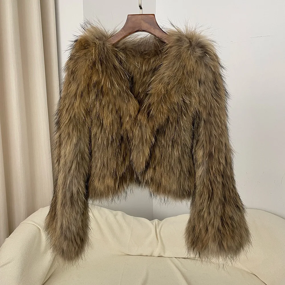 الواقع معطف الفرو الخريف الشتاء سميكة الدافئة قصيرة الأوروبية الطبيعية الراكون الفراء سترة الخامس الرقبة الوجهين المنسوجة الفراء النساء #1