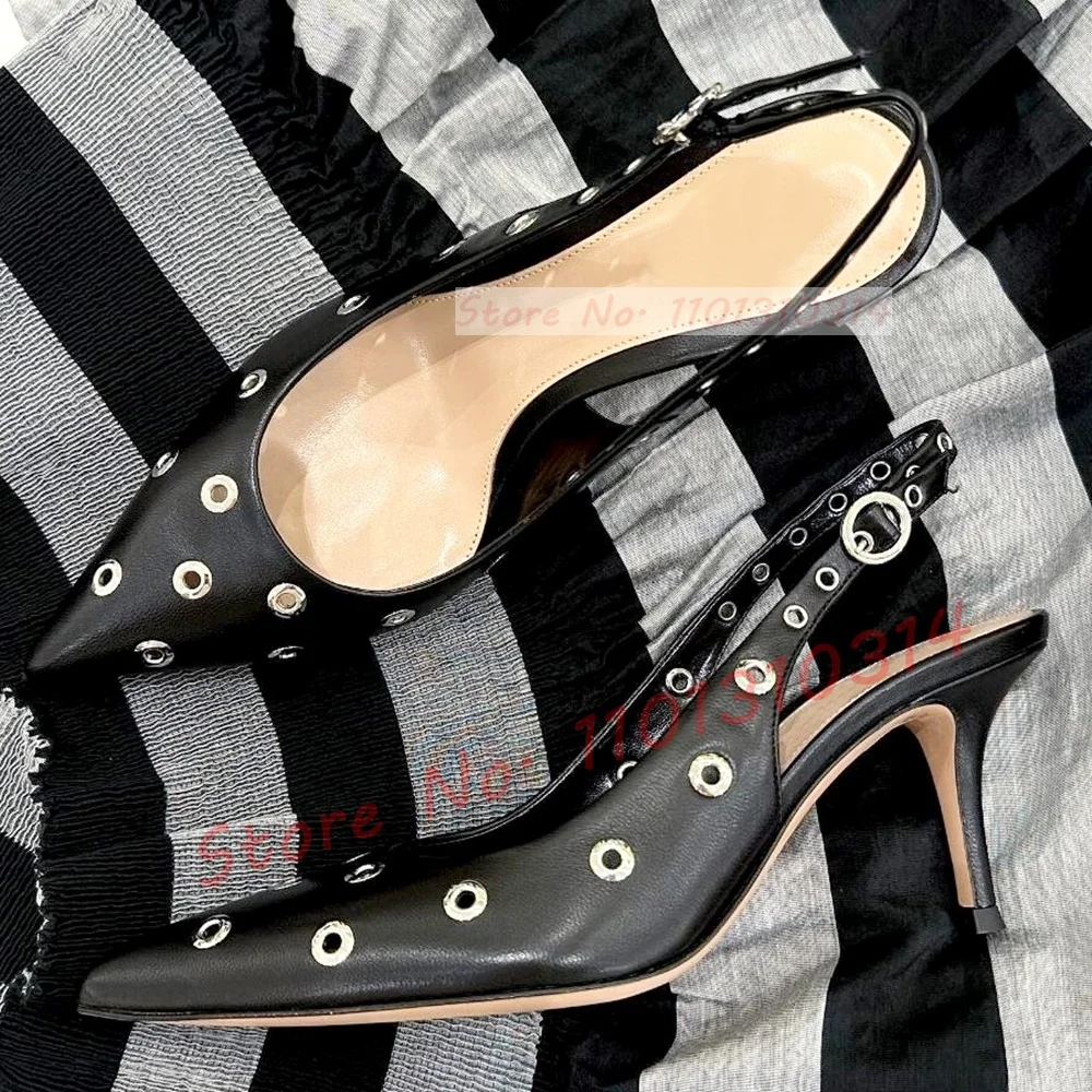 Metal Eyelets Pointy Slingback Sandals Women Fashion Black Leather Sandals Female Elegant Party High Heels Casual Sexy Sandals