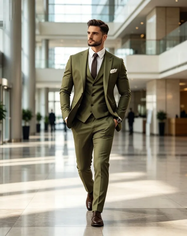 

Tailor Made Formal Men Suits Elegant 3 Piece Jacket Pants Vest Single Breasted Peak Lapel Full Sets Casual Male Clothing