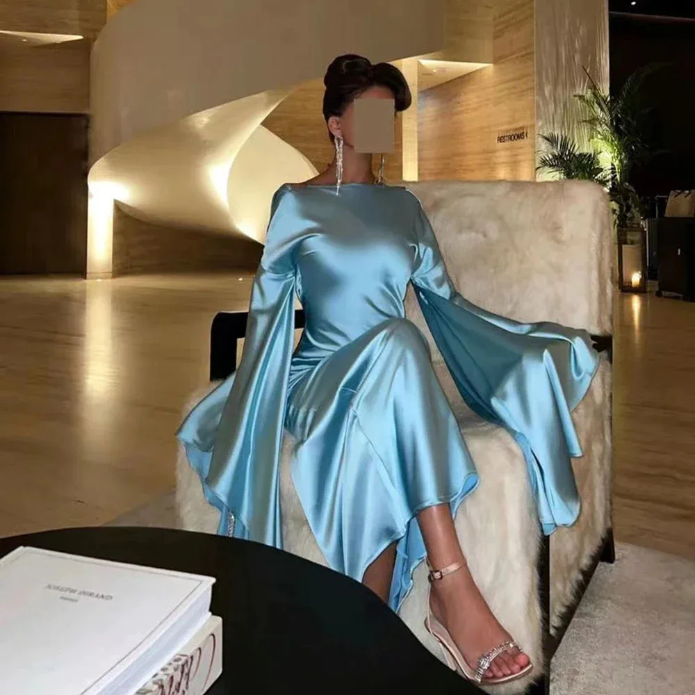 MOBEYE 2024 Long Bell Sleeve Simple Evening Gown Satin Mermaid Ballgown Ankle Length Formal Party Dress Saudi Arabia Slim Fit