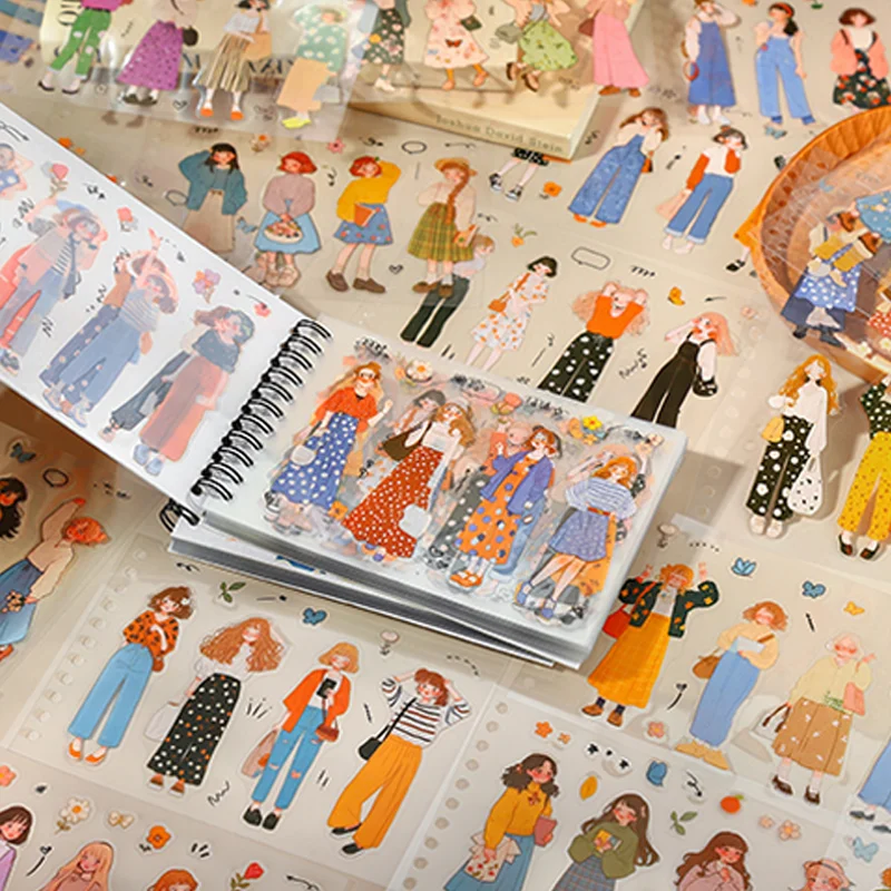 Naklejki z uroczymi postaciami Mr. Paper, 50 arkuszy/opakowanie, naklejki z kreskówkową dziewczyną w modnej odzieży, z wiązaniami, okręgi, do książek, zeszytów, do zapisywania wydatków.