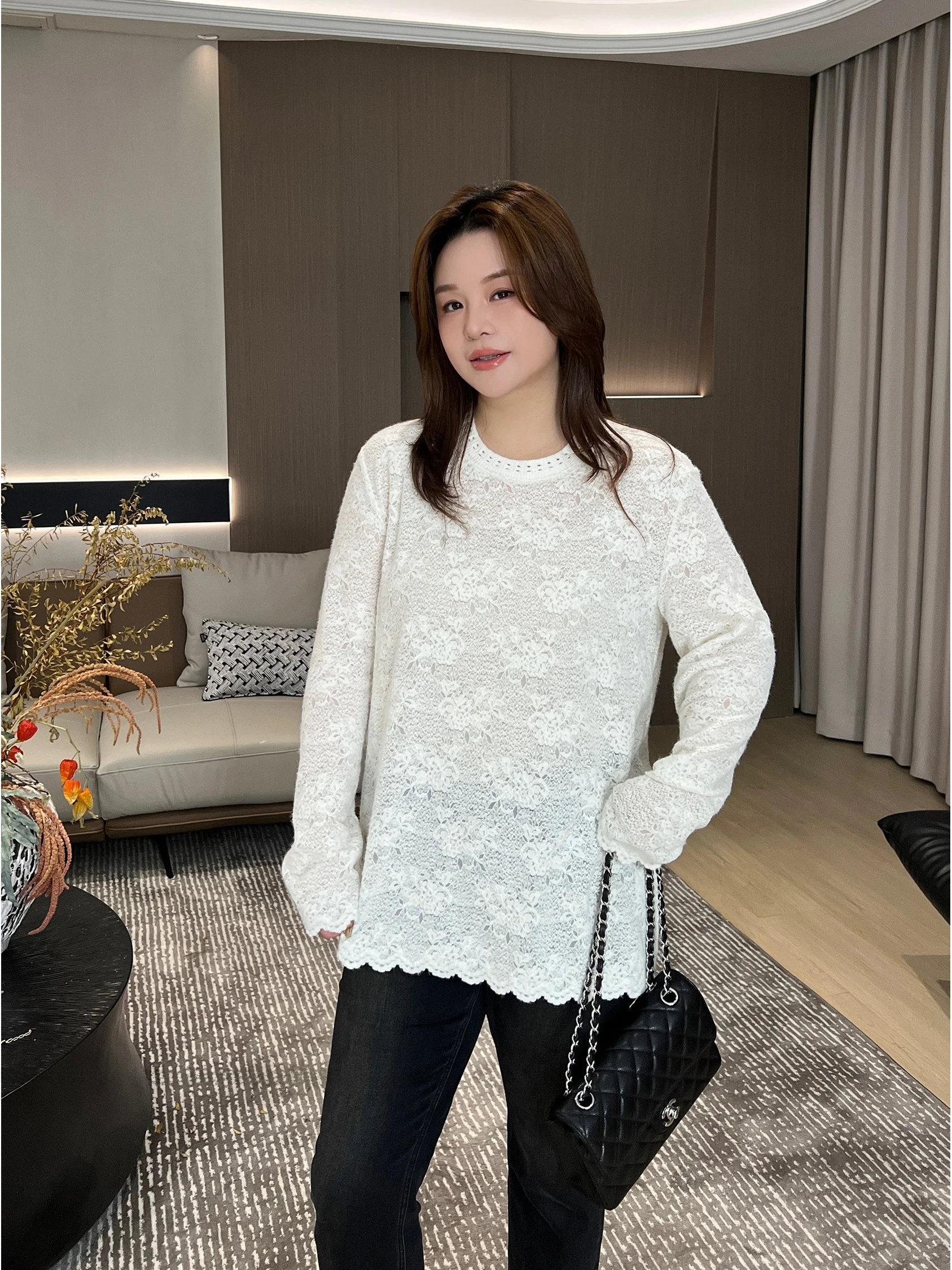 

Женский вязаный свитер JoJo Private Label с эластичными кружевными вставками, большие размеры, осень-зима, простой дизайн, MK3392