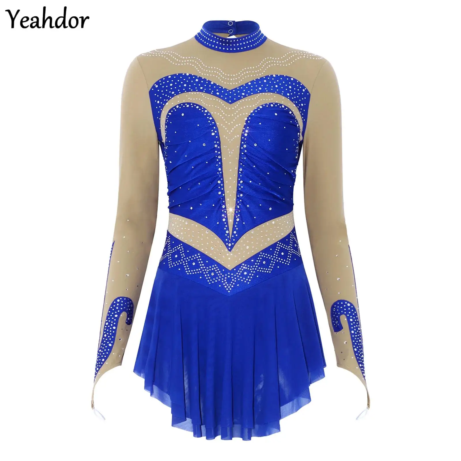 

Womens Figure Skating Bodysuit Dress Rhinestones Color Block Long Sleeve Mesh Lyrical Ballet Leotard Dress Gymnastics Jumpsuit