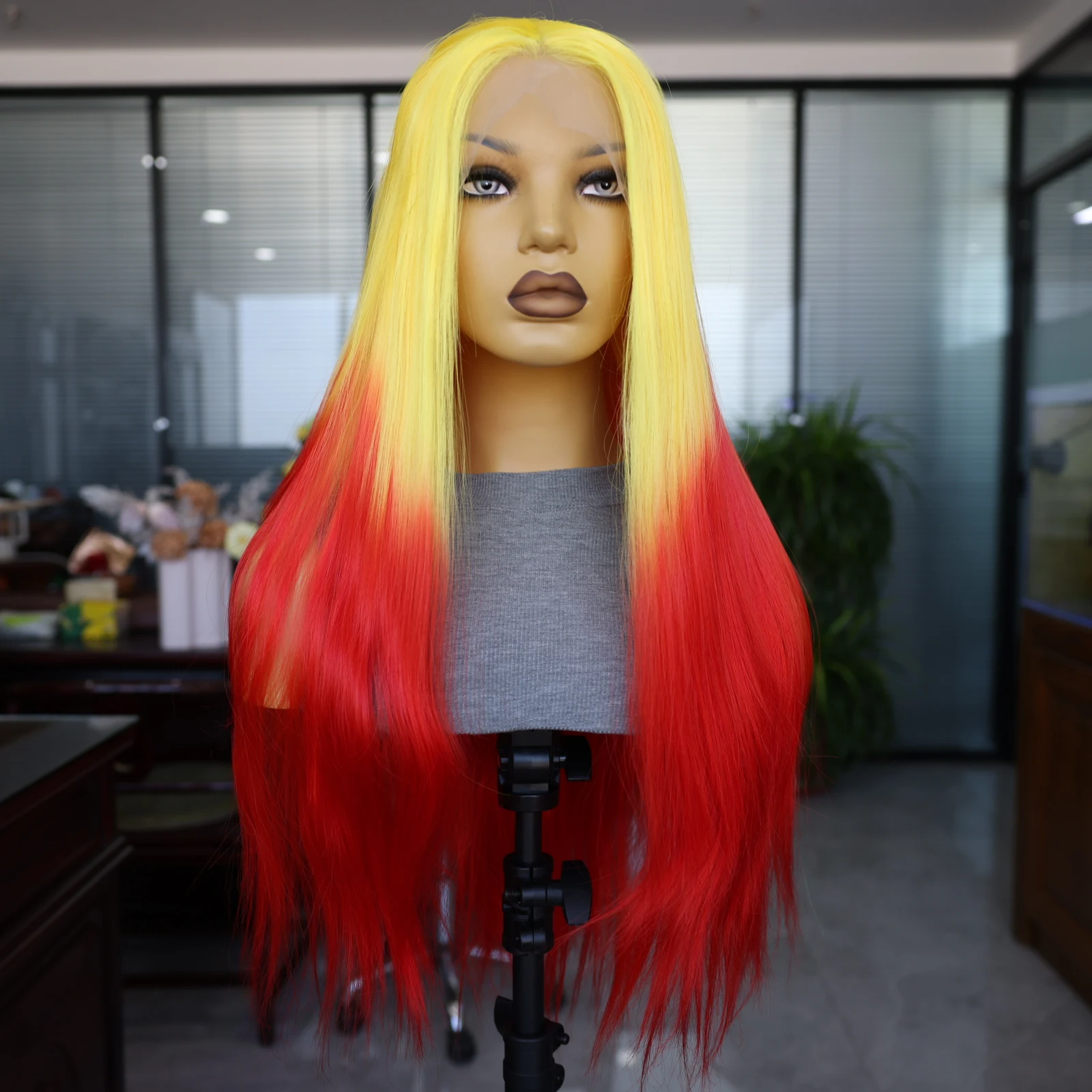 Yellow Red Gradient Synthetic Wig Long Straight Lace Front Wig Popular for Black Women Cosplay 180 Density Natural Hairline