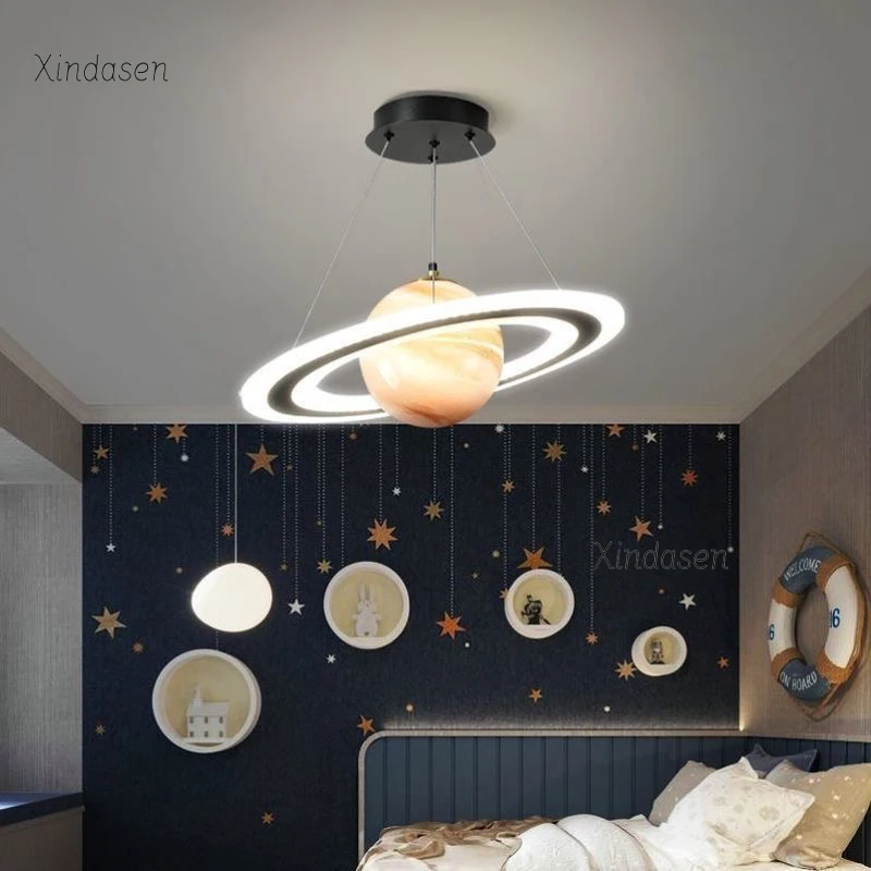 Modern LED Planet Pendant Light Children Room Decor Blue Space Chandelier Kids Bedroom Boys Baby Kitchen Lustre Glass Hanglamp