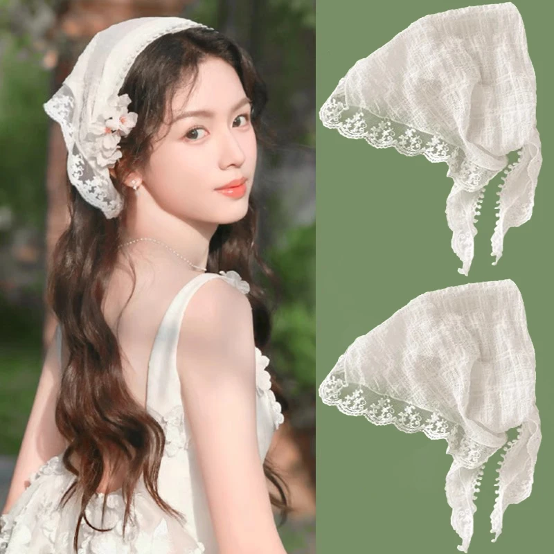 الدانتيل الفرنسي مثلث الشعر وشاح النساء الفتيات الربيع الصيف الكورية رباط شعر وشاح حلو عقال النساء فتاة الحجاب غطاء الرأس #2